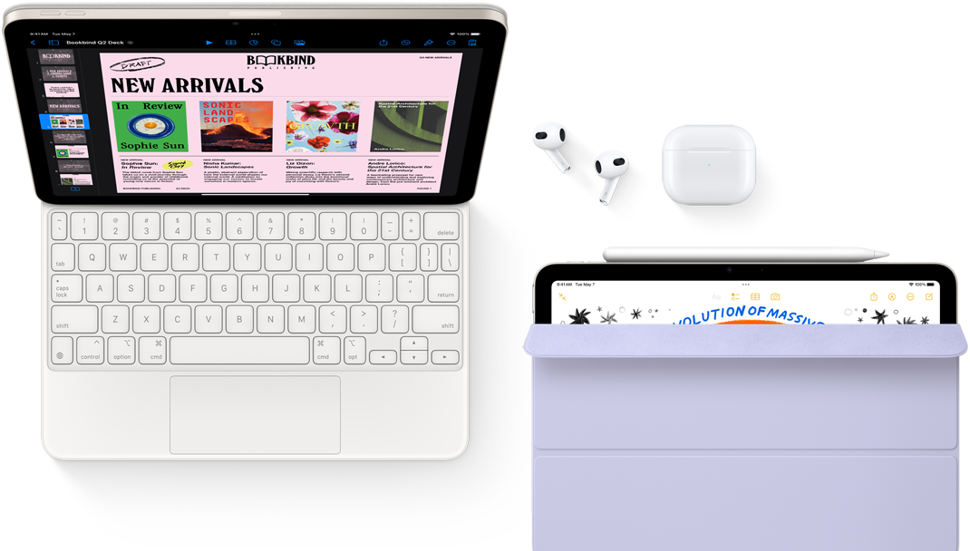 iPad Air attached to Magic Keyboard, with Airpods Pro, Apple Pencil Pro, and Smart Folio accessories