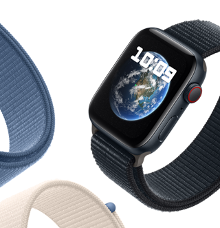 Apple Watch SE with Sport Loop band displaying Astronomy wallpaper showing planet Earth.