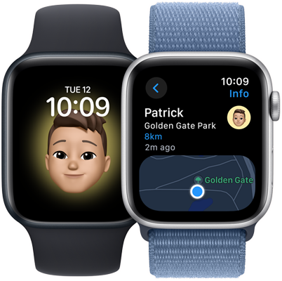 Two Apple Watch SE models. One displays a users memoji wallpaper. The other a Maps app screen displaying the same users location.