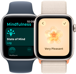 Two Apple Watch SE models. One displays the Mindfulness app screen with State of Mind highlighted. The other displays &quot;Very Pleasant&quot; state of mind selection.