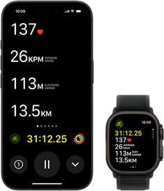 Live Activity showing a person's biking metrics on both their Ultra 2 and their iPhone