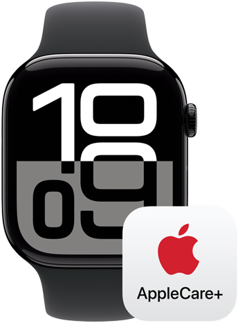 An AppleCare+ logo next to an Apple Watch Series 10