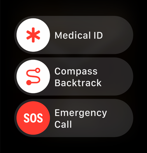 The emergency call slider being displayed along with the Medical ID and Compass Backtrack sliders